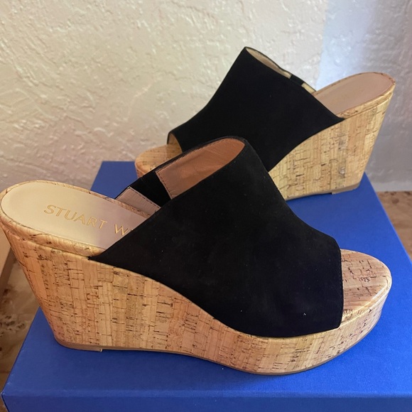 Stuart Weitzman Black Suede Cork Wedges - Picture 5 of 14